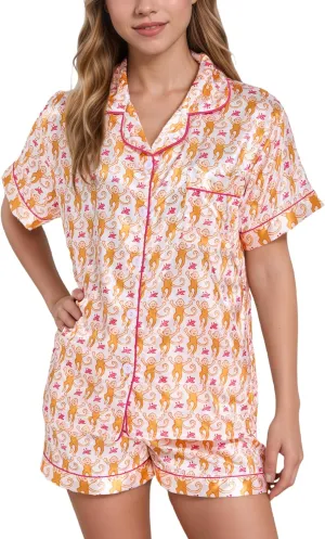 Women Y2k Pajamas Set Silk Satin Short Sleeve Button Down Top and Shorts Monkey Sleepwear Preppy Bridal Loungewear