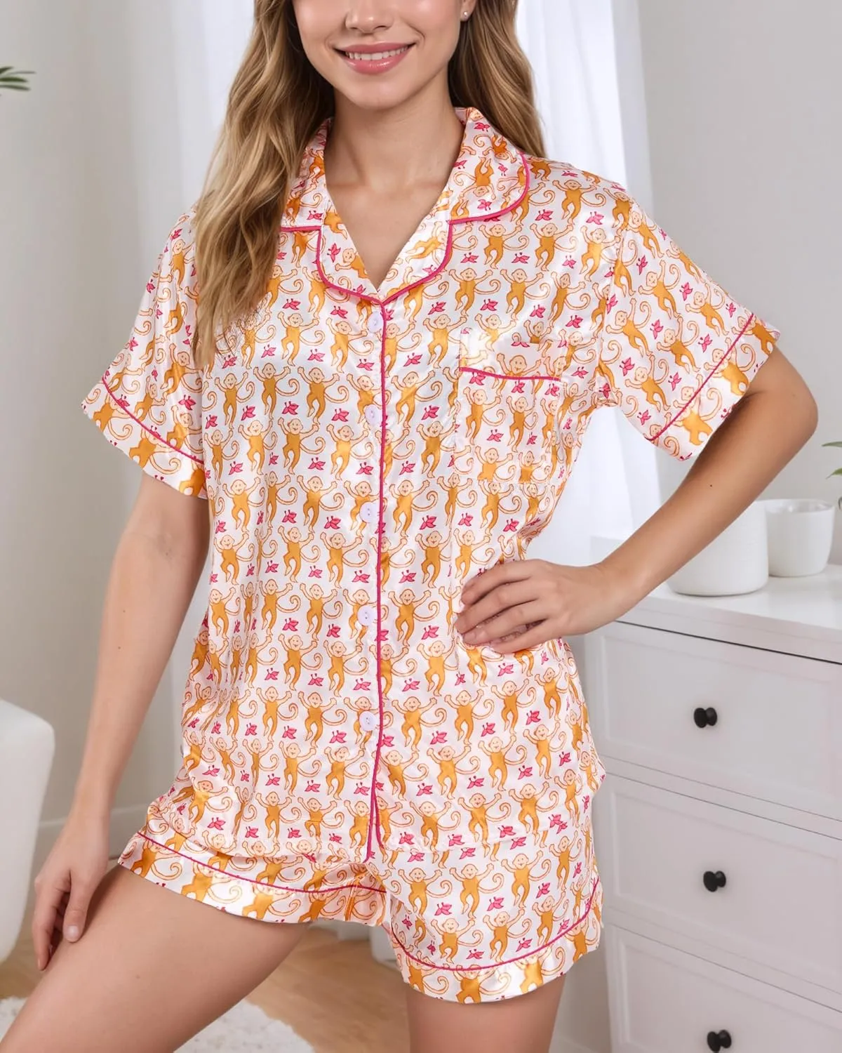 Women Y2k Pajamas Set Silk Satin Short Sleeve Button Down Top and Shorts Monkey Sleepwear Preppy Bridal Loungewear