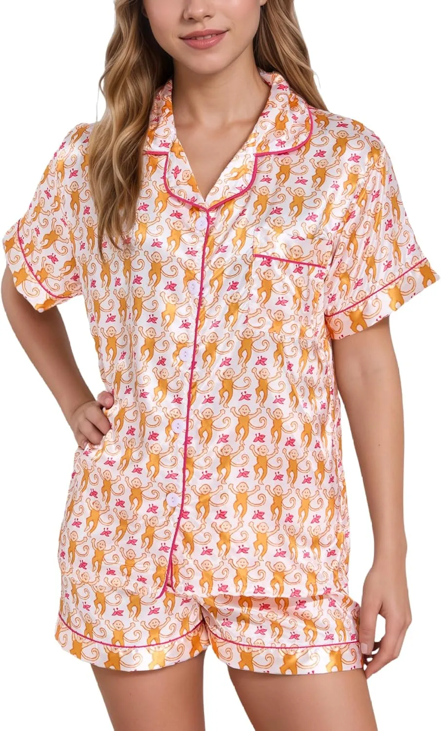 Women Y2k Pajamas Set Silk Satin Short Sleeve Button Down Top and Shorts Monkey Sleepwear Preppy Bridal Loungewear