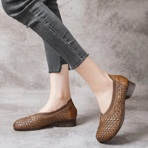 Women's Block Heel Soft Cowhide Woven Leather High Vamp Shoes