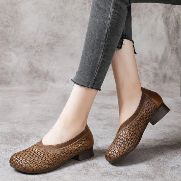 Women's Block Heel Soft Cowhide Woven Leather High Vamp Shoes