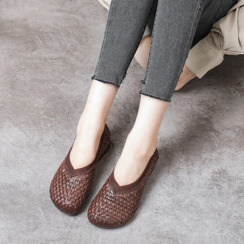 Women's Block Heel Soft Cowhide Woven Leather High Vamp Shoes