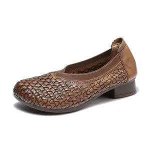 Women's Block Heel Soft Cowhide Woven Leather High Vamp Shoes