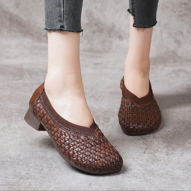 Women's Block Heel Soft Cowhide Woven Leather High Vamp Shoes