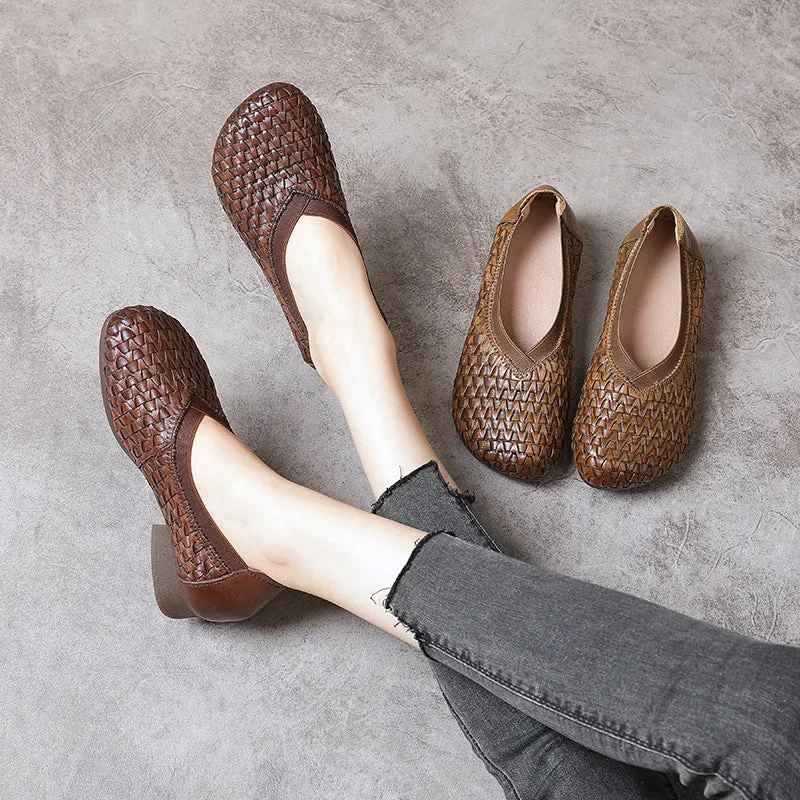 Women's Block Heel Soft Cowhide Woven Leather High Vamp Shoes