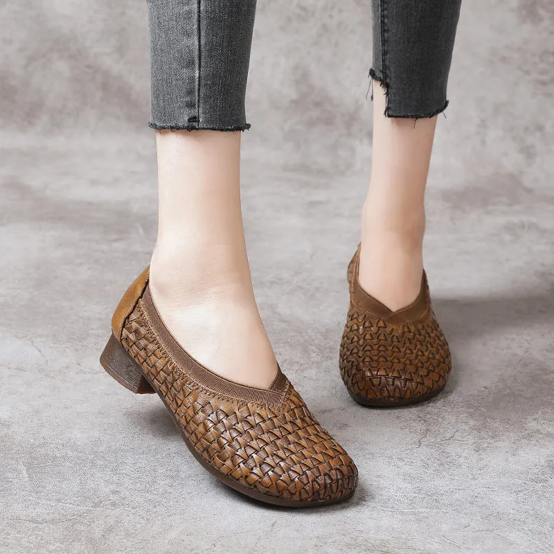 Women's Block Heel Soft Cowhide Woven Leather High Vamp Shoes