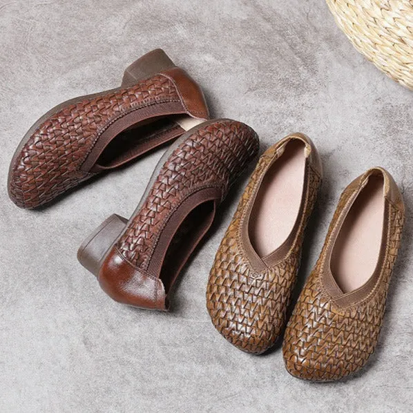 Women's Block Heel Soft Cowhide Woven Leather High Vamp Shoes