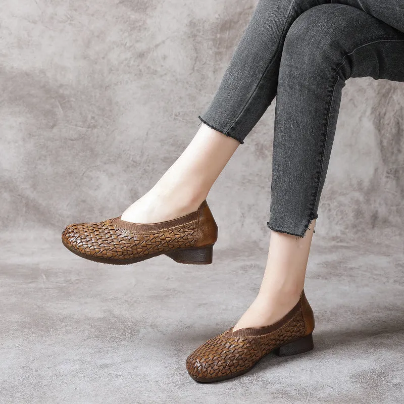 Women's Block Heel Soft Cowhide Woven Leather High Vamp Shoes