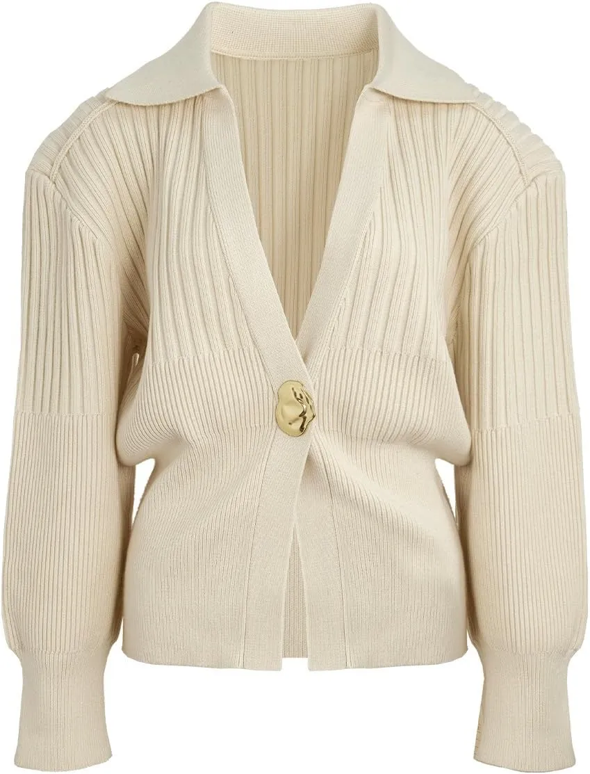 Women's Cardigan V-Neck Lapel Long Sleeve Knitted Cropped Casual Sweater with Metal Button 2025