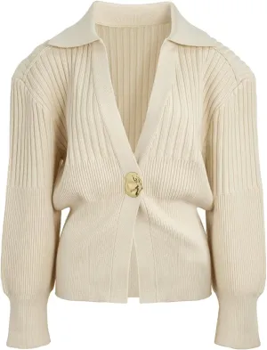 Women's Cardigan V-Neck Lapel Long Sleeve Knitted Cropped Casual Sweater with Metal Button 2025