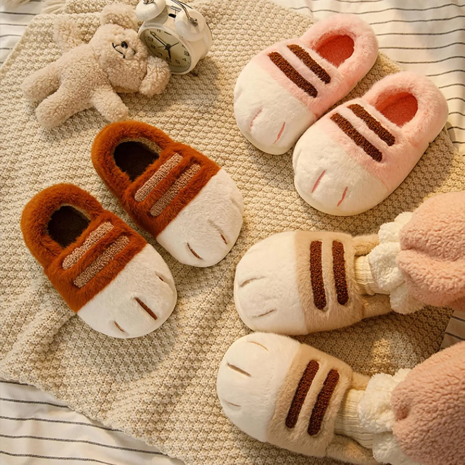 Women's Cat Paw Slippers, 3D Plush, Pink, One Size, Anti-Slip, Warm, Comfortable, Home, Office, Travel