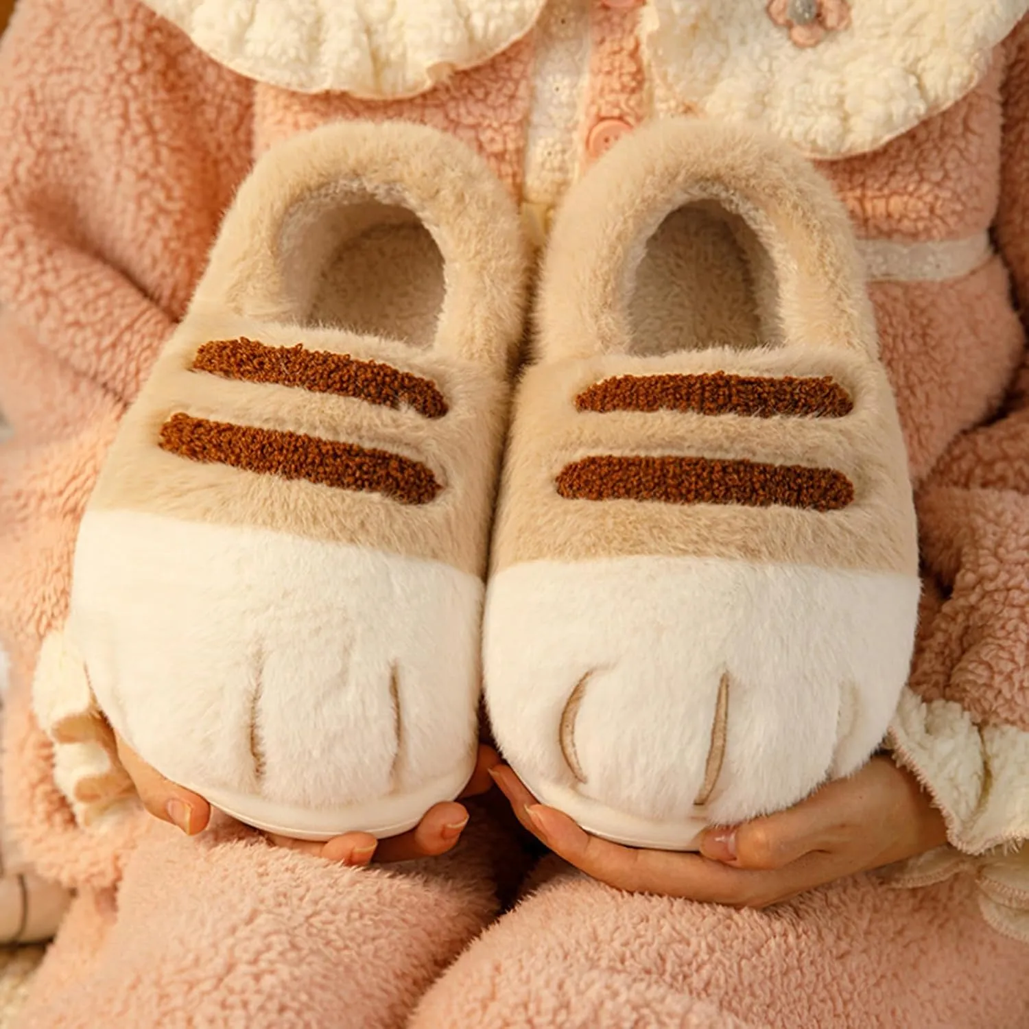 Women's Cat Paw Slippers, 3D Plush, Pink, One Size, Anti-Slip, Warm, Comfortable, Home, Office, Travel
