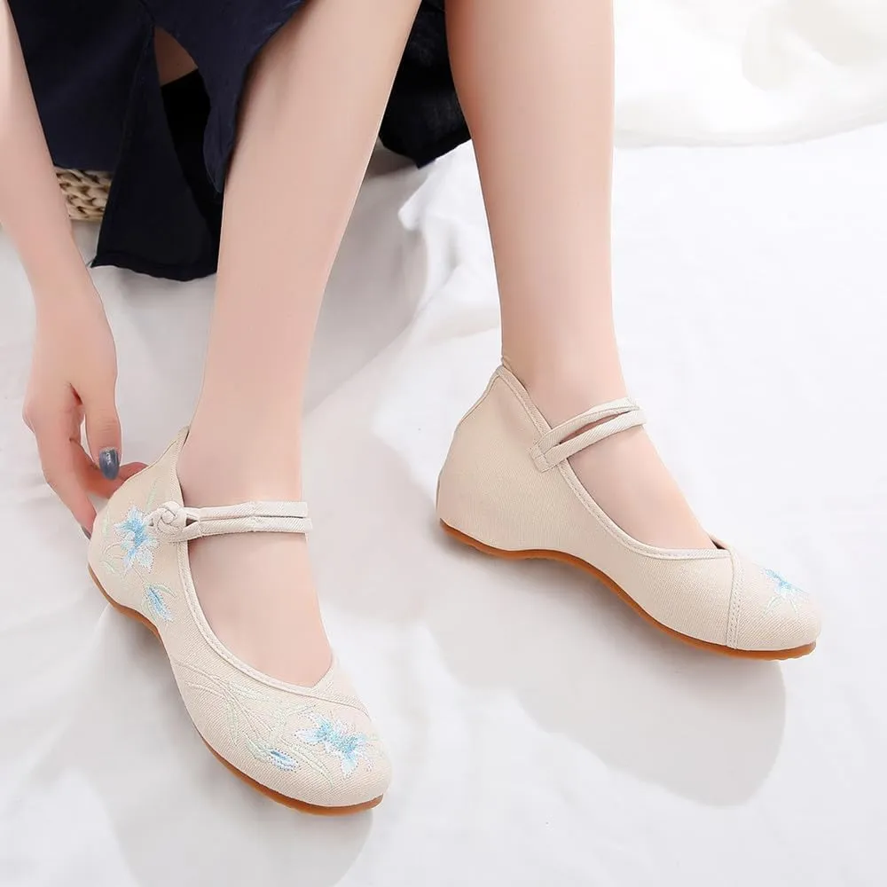 Women's Floral Embroidered Buckle Flat Shoes Handmade Flower Embroidery Round Toe Dress Mary Jane Shoes Cheongsam Shoes