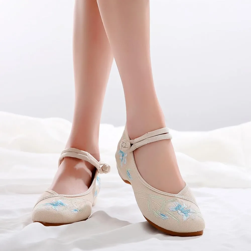 Women's Floral Embroidered Buckle Flat Shoes Handmade Flower Embroidery Round Toe Dress Mary Jane Shoes Cheongsam Shoes