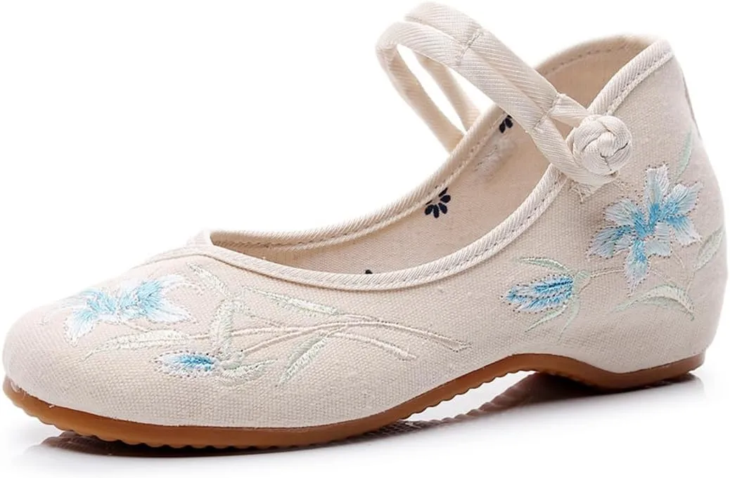 Women's Floral Embroidered Buckle Flat Shoes Handmade Flower Embroidery Round Toe Dress Mary Jane Shoes Cheongsam Shoes
