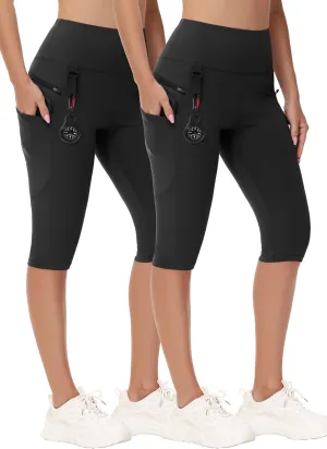 Women's Hiking Long Shorts Knee Length Capri Leggings with Zip Pockets High Waisted Biker Short Athletic Outdoor Travel