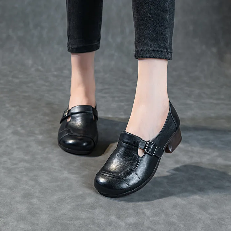 Women's Leather Casual Buckle Up Slip On Low Heeled Loafers