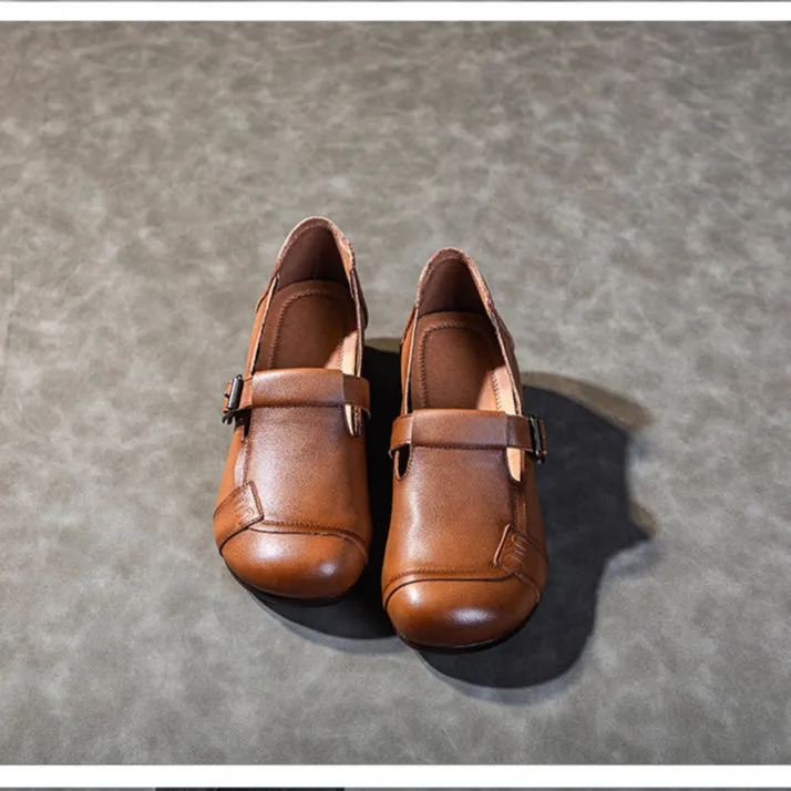 Women's Leather Casual Buckle Up Slip On Low Heeled Loafers