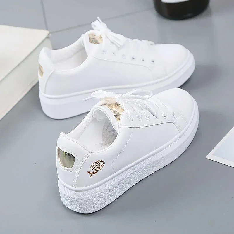 Women’s Leather Sneakers | Embroidered Lace-Up Casual Shoes