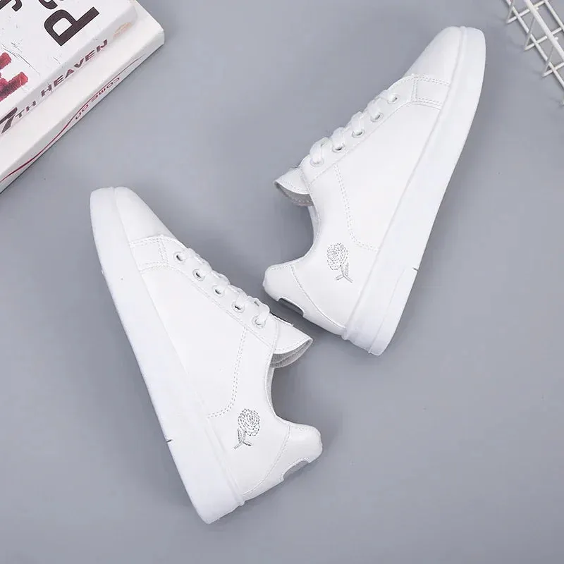 Women’s Leather Sneakers | Embroidered Lace-Up Casual Shoes