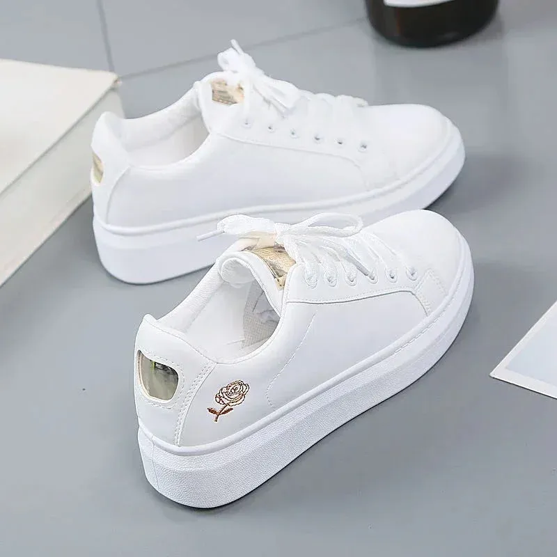 Women’s Leather Sneakers | Embroidered Lace-Up Casual Shoes