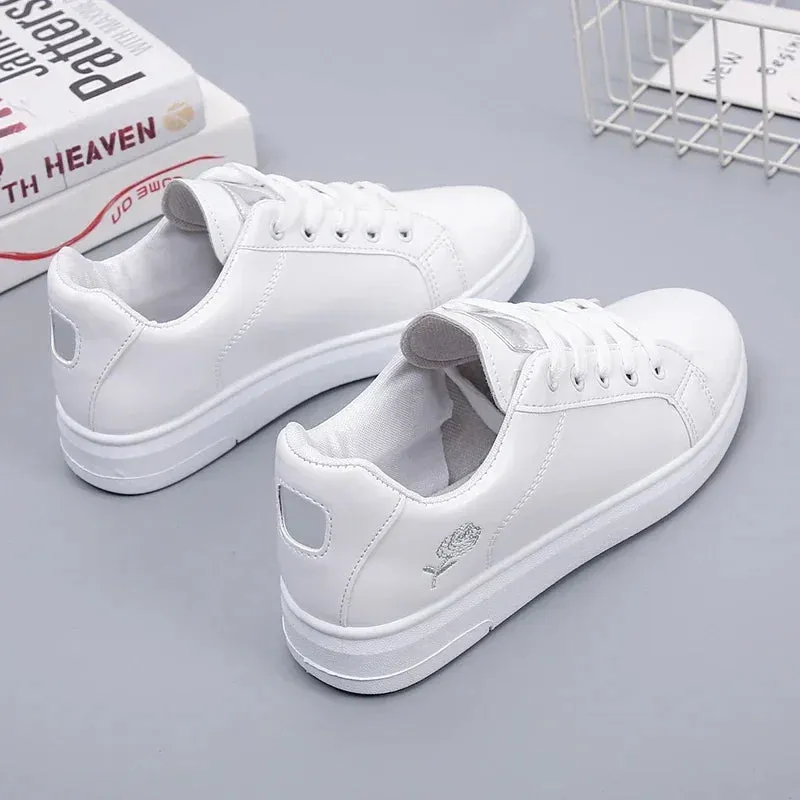 Women’s Leather Sneakers | Embroidered Lace-Up Casual Shoes