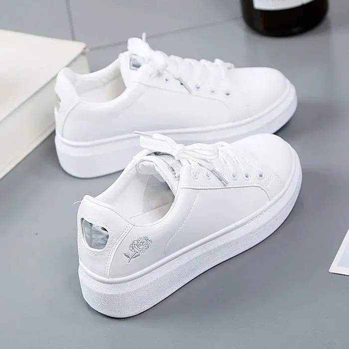 Women’s Leather Sneakers | Embroidered Lace-Up Casual Shoes