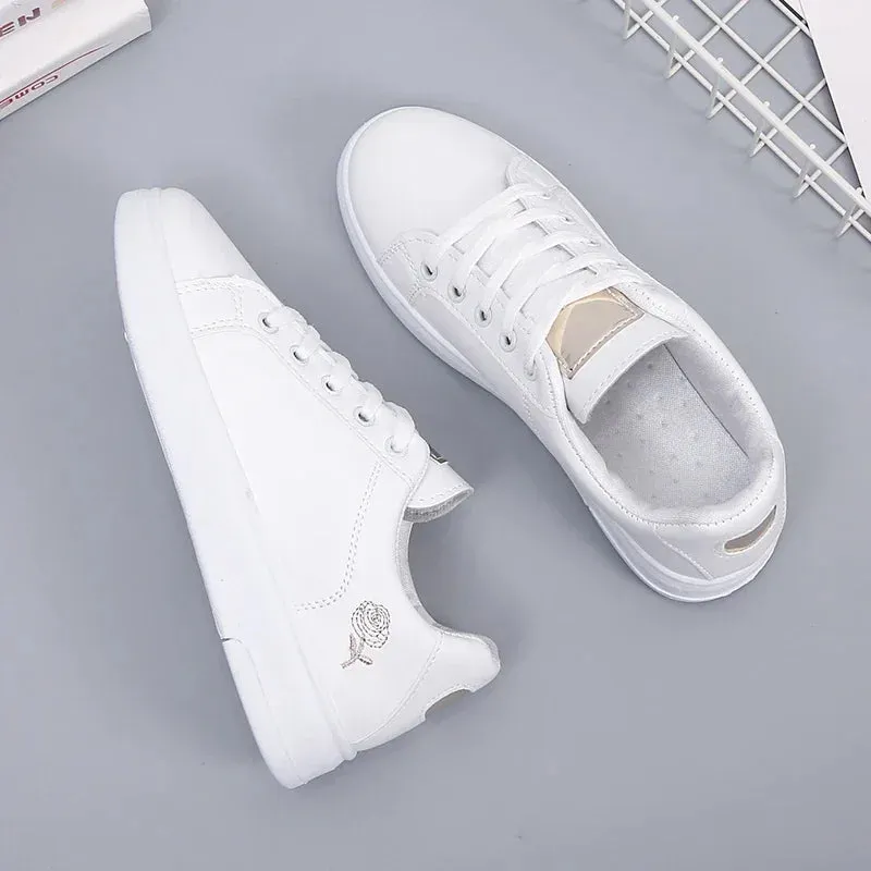Women’s Leather Sneakers | Embroidered Lace-Up Casual Shoes