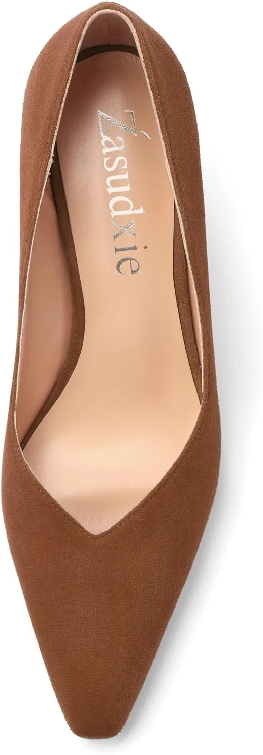 Womens Office Casual Pointed Toe Suede Slip On Stiletto Mid Heel Pumps Shoes 2.55 Inch