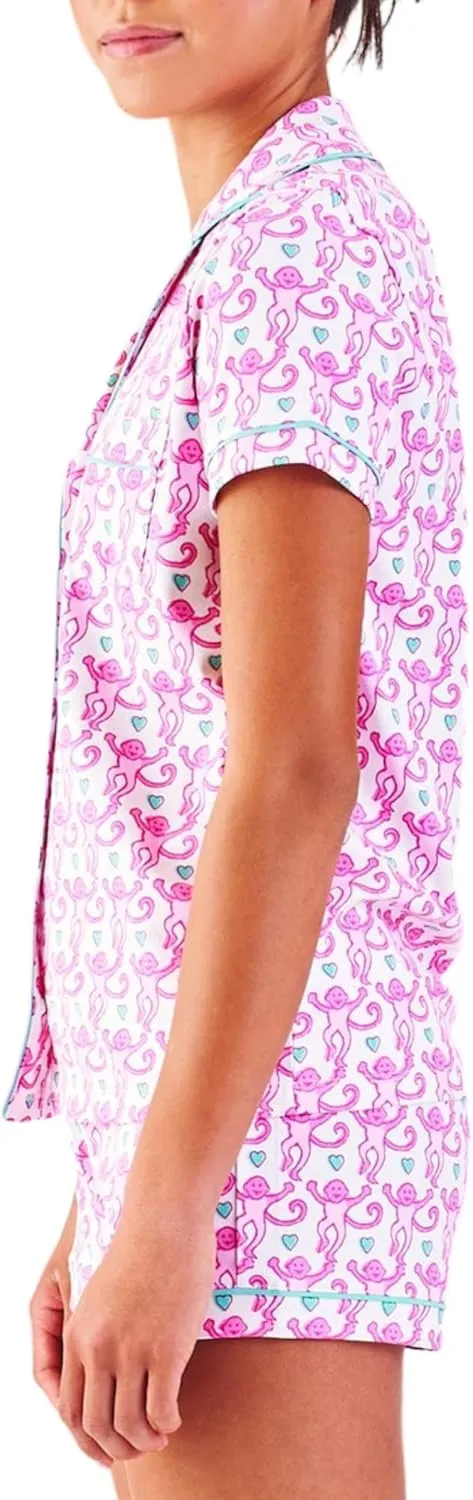 Womens Pajamas Set, 2PCS Button Down Vacation Monkey Beach Shorts Set Y2k Loungewear Pjs for Birthday Valentines Gift