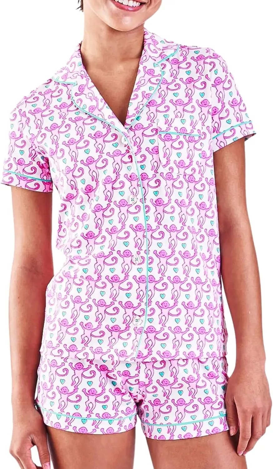 Womens Pajamas Set, 2PCS Button Down Vacation Monkey Beach Shorts Set Y2k Loungewear Pjs for Birthday Valentines Gift