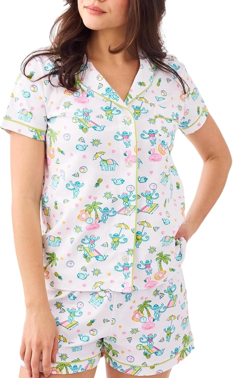 Womens Pajamas Set, 2PCS Button Down Vacation Monkey Beach Shorts Set Y2k Loungewear Pjs for Birthday Valentines Gift