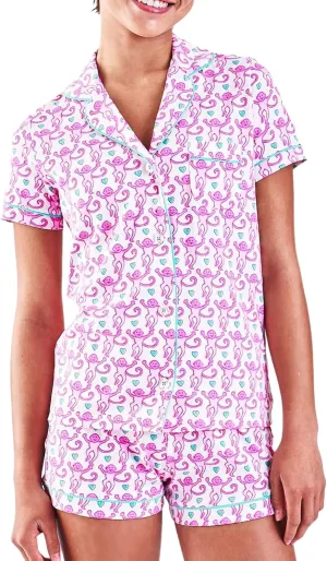 Womens Pajamas Set, 2PCS Button Down Vacation Monkey Beach Shorts Set Y2k Loungewear Pjs for Birthday Valentines Gift