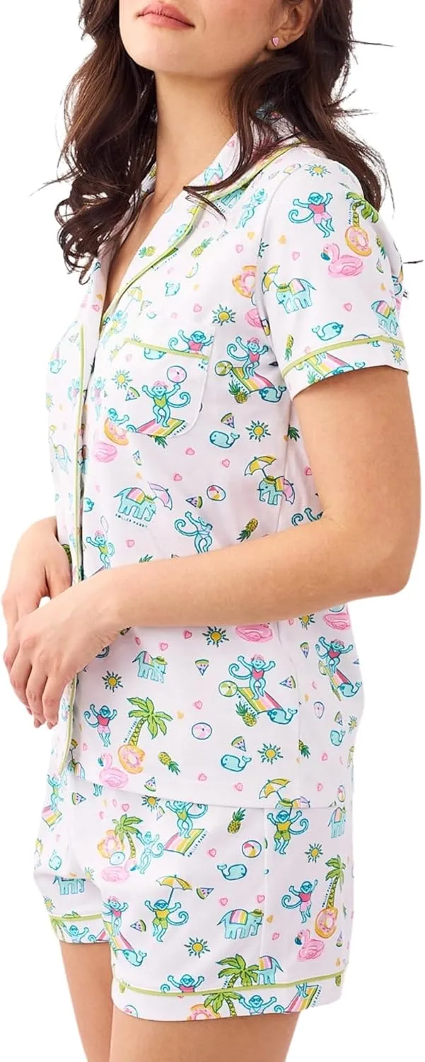 Womens Pajamas Set, 2PCS Button Down Vacation Monkey Beach Shorts Set Y2k Loungewear Pjs for Birthday Valentines Gift