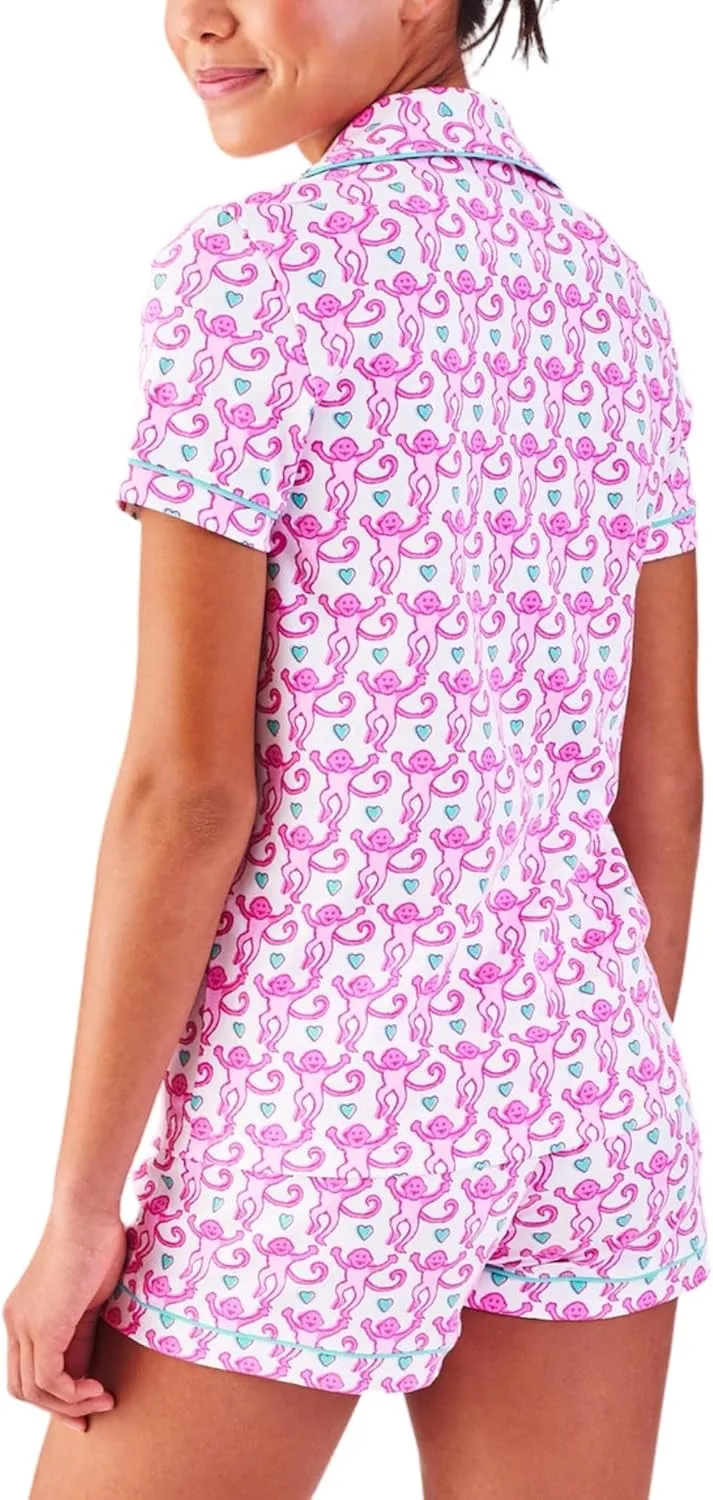 Womens Pajamas Set, 2PCS Button Down Vacation Monkey Beach Shorts Set Y2k Loungewear Pjs for Birthday Valentines Gift