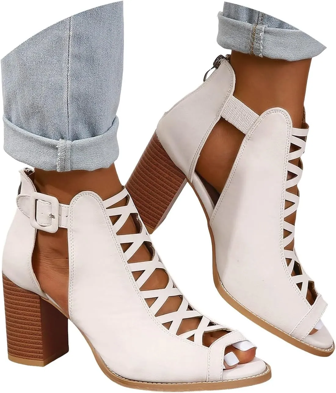 Womens Peep Toe Heels Block Chunky Heeled Sandals for Women Cutout Dress Shoes with Back Zipper Open Toe Summer Ankle Booties