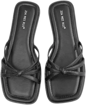 Women's Square Toe Bow Flats Dressy Slip-On Summer Sandals with Open Toe Comfortable Beach Wedding Flats Sandals for Women