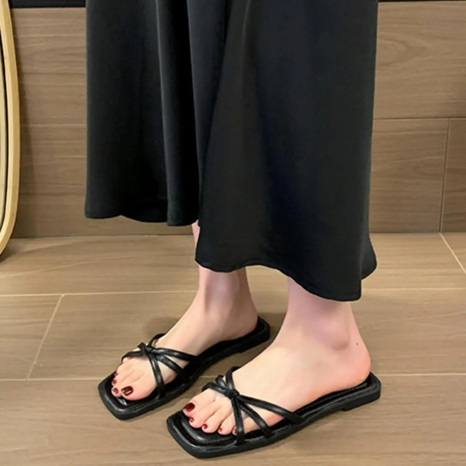 Women's Square Toe Bow Flats Dressy Slip-On Summer Sandals with Open Toe Comfortable Beach Wedding Flats Sandals for Women