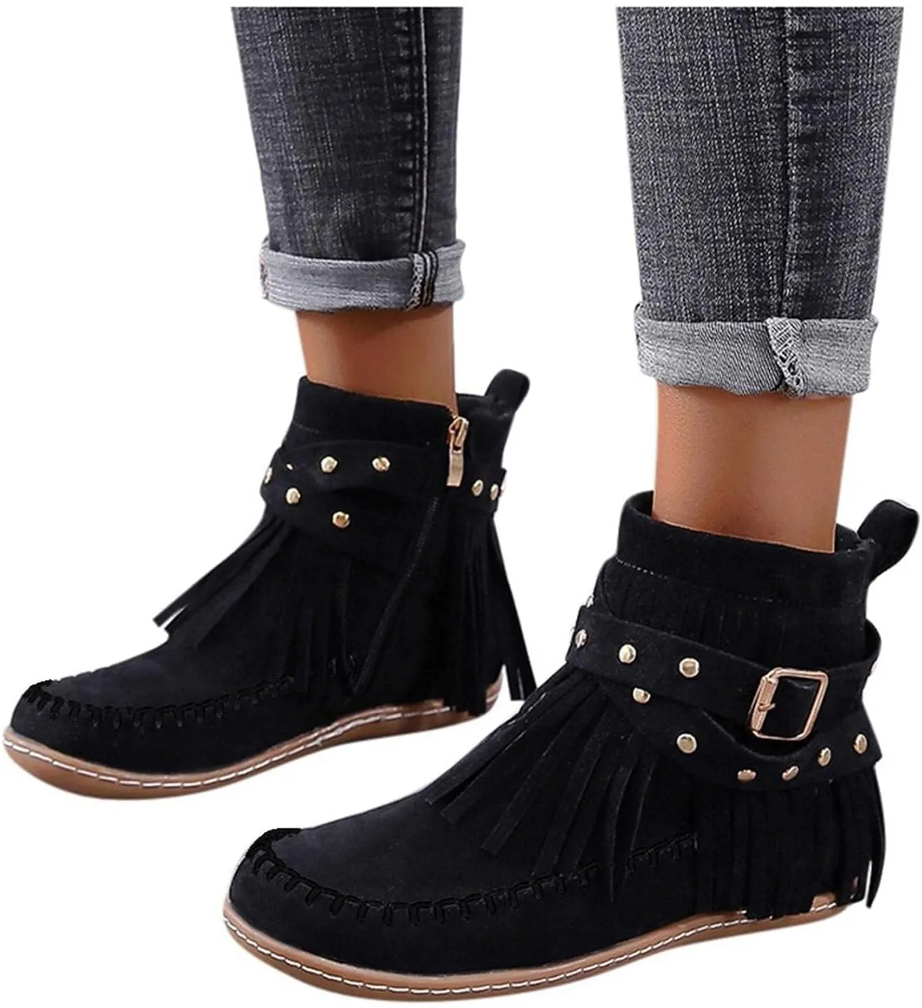 Women's Suede Fringe Ankle Boots Wide Width Round Toe Flats Vintage Casual Tassel Fringe Suede Boho Boots With Side Zipper Bohemian Slip On Anti Skid Winter Mid Calf Short Dress Shoes