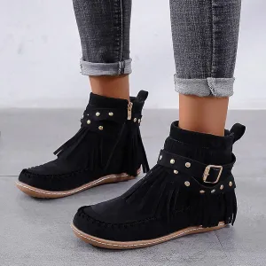 Women's Suede Fringe Ankle Boots Wide Width Round Toe Flats Vintage Casual Tassel Fringe Suede Boho Boots With Side Zipper Bohemian Slip On Anti Skid Winter Mid Calf Short Dress Shoes