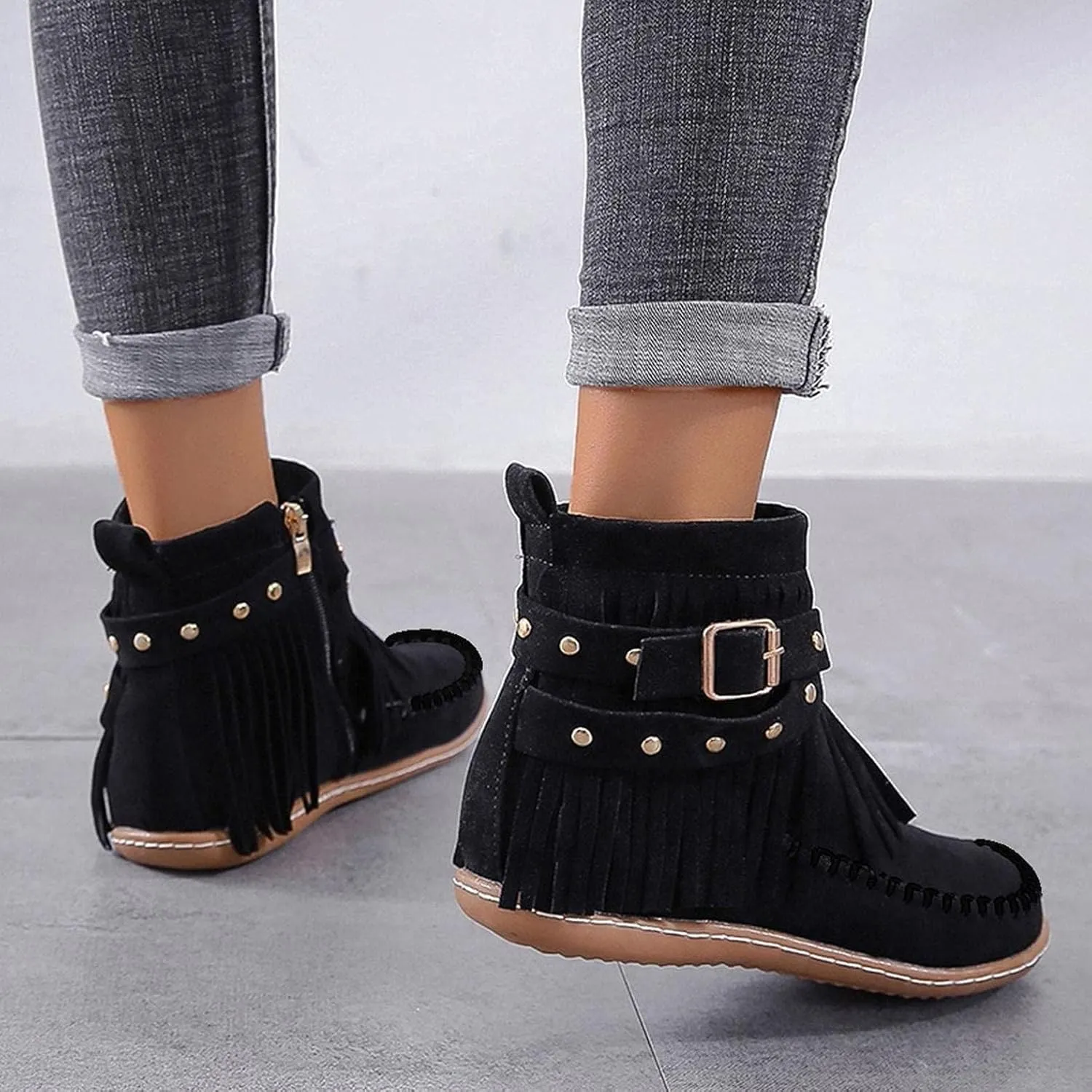 Women's Suede Fringe Ankle Boots Wide Width Round Toe Flats Vintage Casual Tassel Fringe Suede Boho Boots With Side Zipper Bohemian Slip On Anti Skid Winter Mid Calf Short Dress Shoes