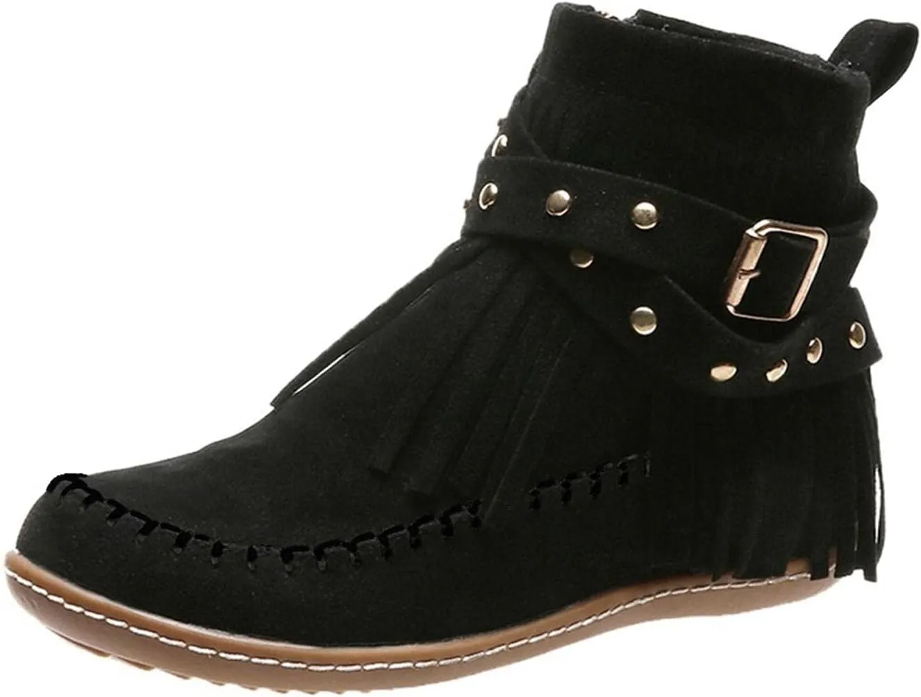 Women's Suede Fringe Ankle Boots Wide Width Round Toe Flats Vintage Casual Tassel Fringe Suede Boho Boots With Side Zipper Bohemian Slip On Anti Skid Winter Mid Calf Short Dress Shoes