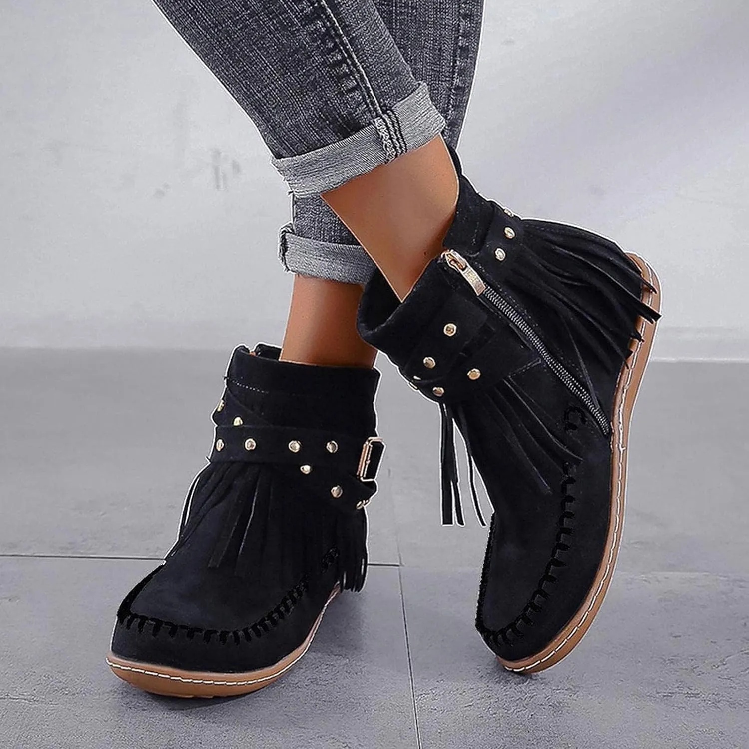 Women's Suede Fringe Ankle Boots Wide Width Round Toe Flats Vintage Casual Tassel Fringe Suede Boho Boots With Side Zipper Bohemian Slip On Anti Skid Winter Mid Calf Short Dress Shoes