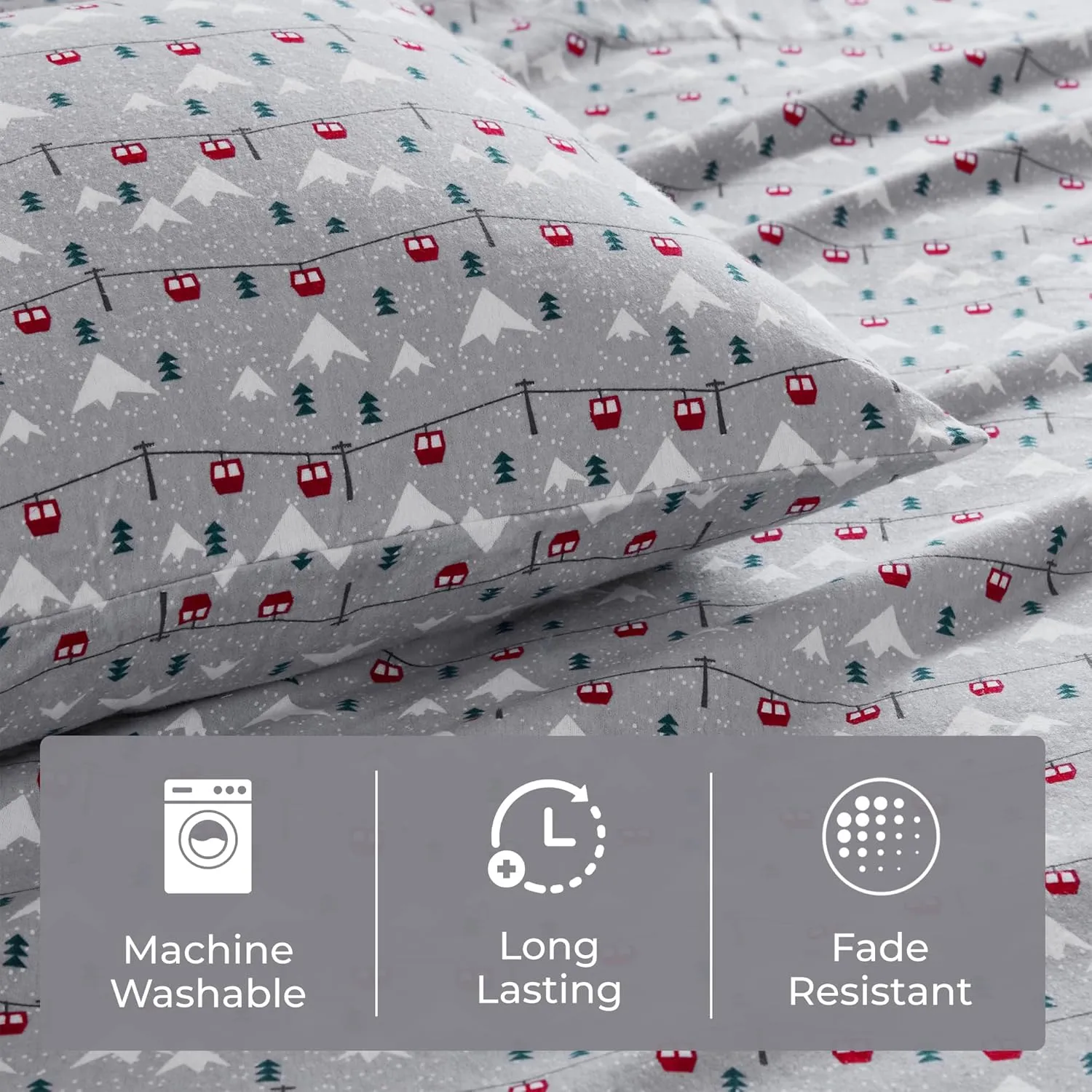Woolrich Cotton Sheet Set Cottage Charms Print, 100% Cotton Flannel Sheets Warm & Fuzzy Bedding Set Queen Size Sheets, Fitted Pocket Fits Up to 14" Mattress, Queen Grey Ski Jump 4 Piece