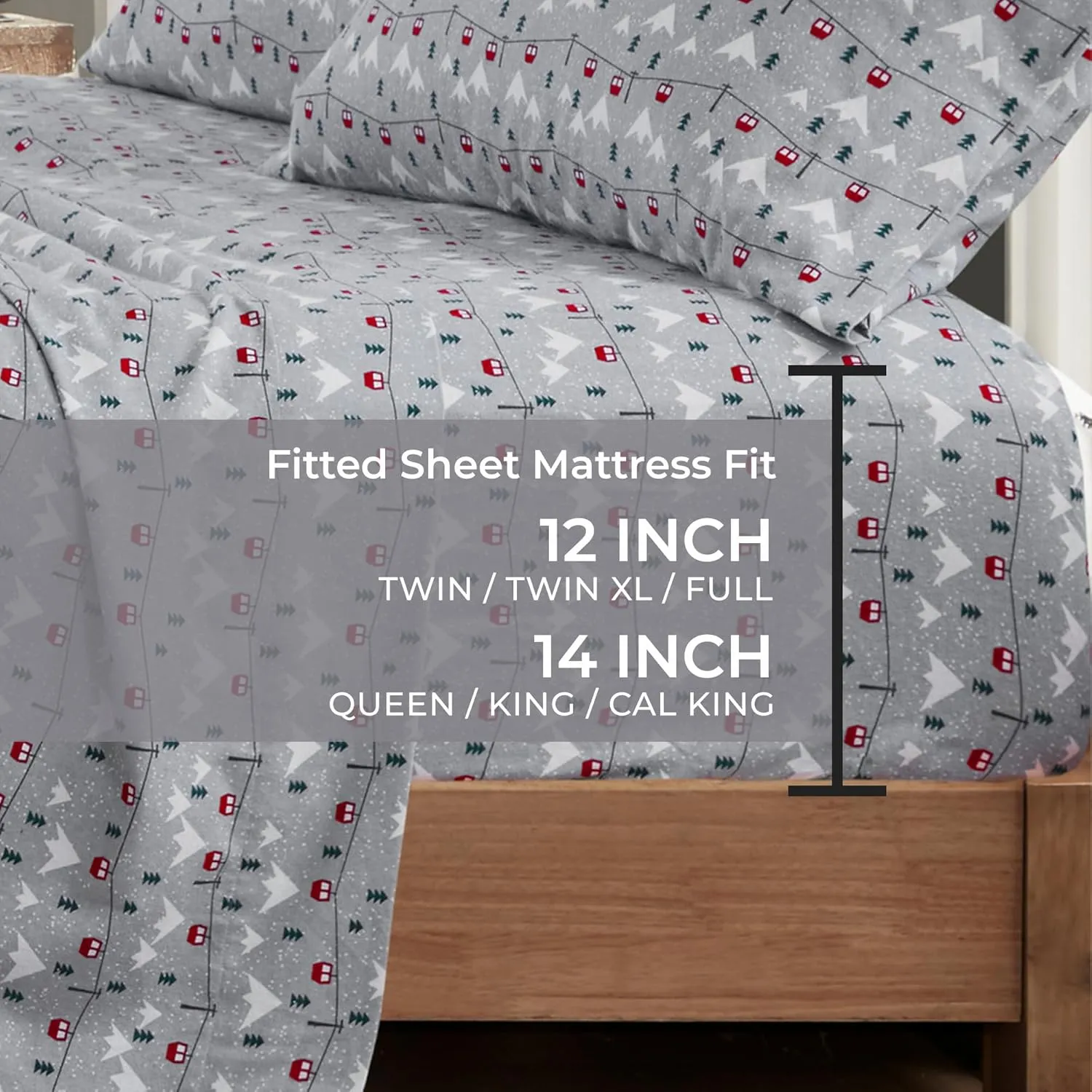Woolrich Cotton Sheet Set Cottage Charms Print, 100% Cotton Flannel Sheets Warm & Fuzzy Bedding Set Queen Size Sheets, Fitted Pocket Fits Up to 14" Mattress, Queen Grey Ski Jump 4 Piece