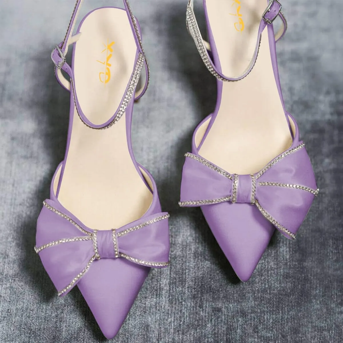 XYD Women Block Chunky Mid Heels Sparkling Ankle Strap Wedding Bowknot Pumps Pointed Toe Dress Shoes