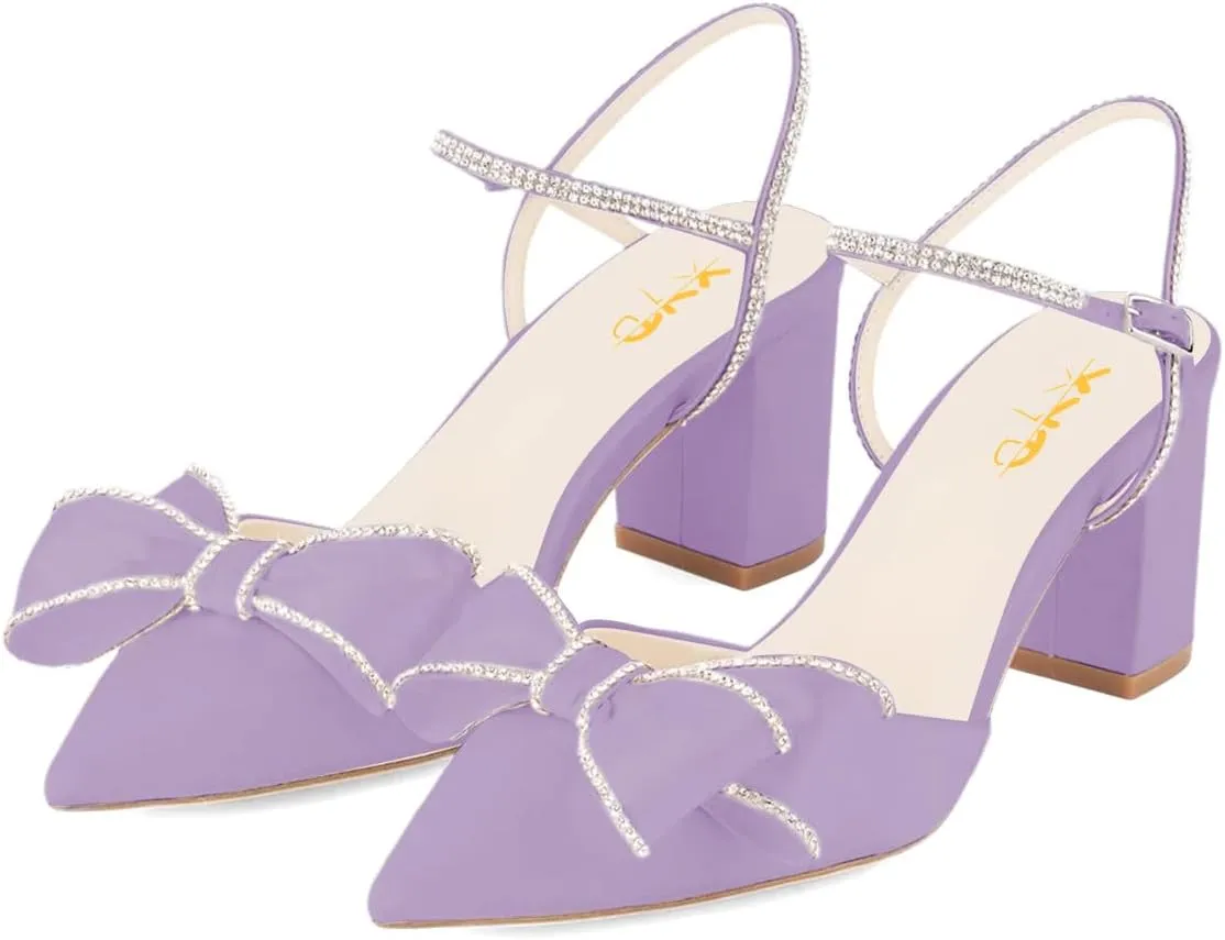 XYD Women Block Chunky Mid Heels Sparkling Ankle Strap Wedding Bowknot Pumps Pointed Toe Dress Shoes