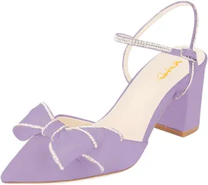 XYD Women Block Chunky Mid Heels Sparkling Ankle Strap Wedding Bowknot Pumps Pointed Toe Dress Shoes