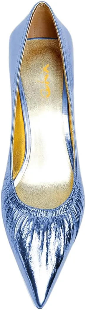 XYD Women Pleated Pointed Closed Toe Pumps Stylish Block Metal Low Heels Party Dinner Slip-on Dress Shoes