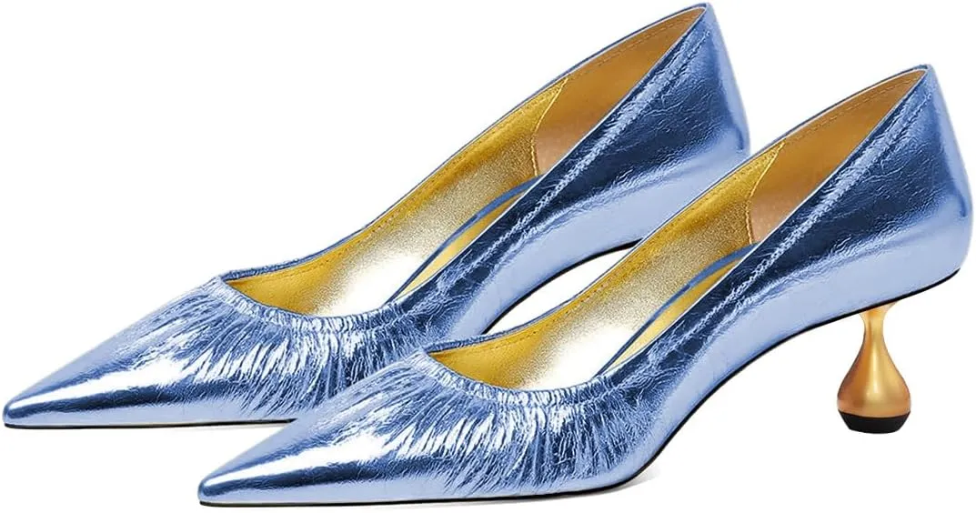 XYD Women Pleated Pointed Closed Toe Pumps Stylish Block Metal Low Heels Party Dinner Slip-on Dress Shoes